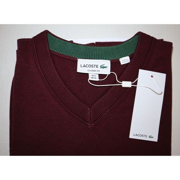 Lacoste GV5104 Men's Sz XL Burgundy Vine Chine Cotton V-Neck Sweater $98 - Picture 2 of 7